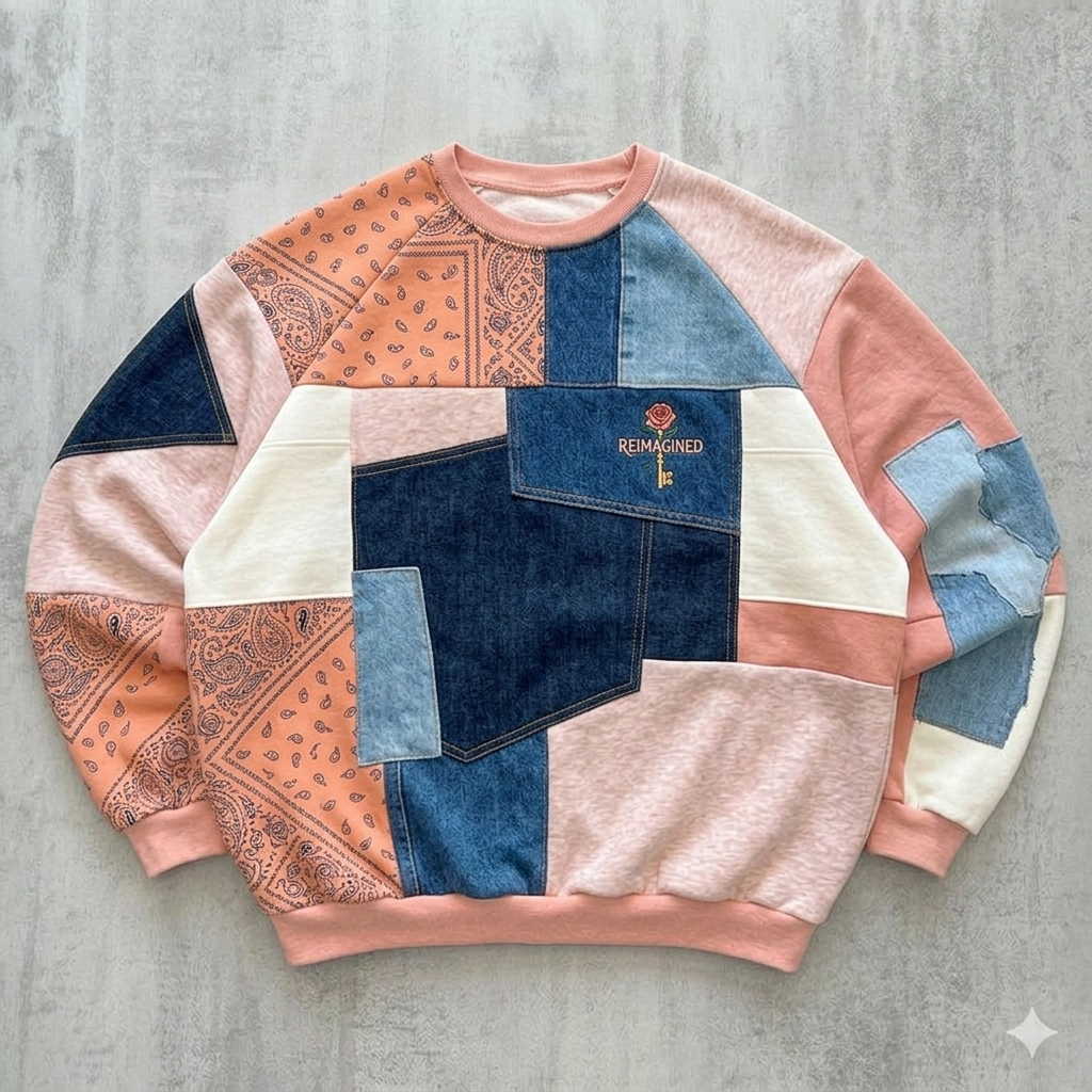 Patchwork sweatshirt created from rescued fabric scraps
